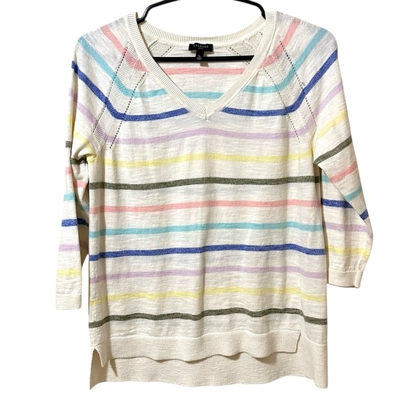 Talbots Sweaters - TALBOTS white multi color striped 100% cotton 3/4 sleeve sweater size Small P